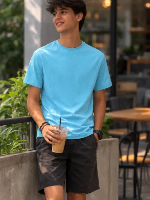 Aqua Blue Fine Cotton Lycra T-Shirt