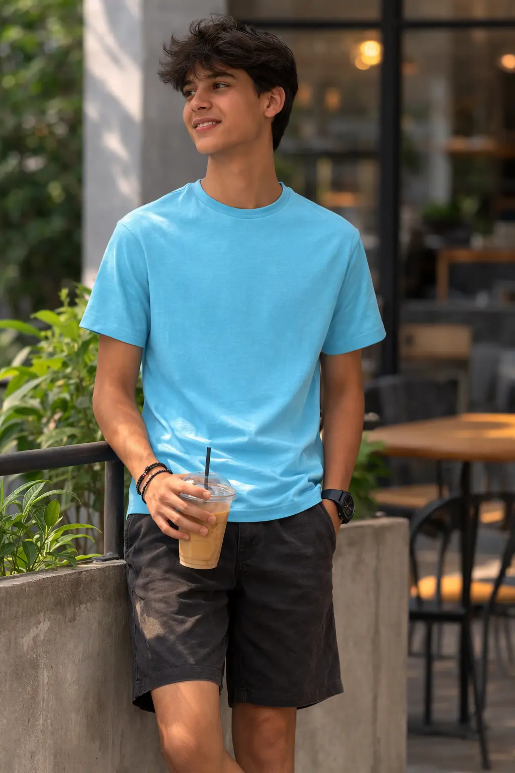 Aqua Blue Fine Cotton Lycra T-Shirt