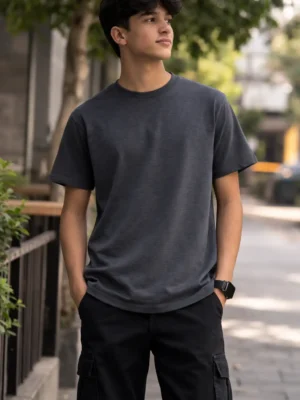 Dark Grey Fine Cotton Round Neck Lycra T-Shirt