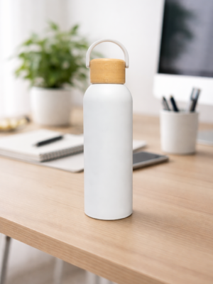 Bamboo cap Hot n Cold White Water Bottle