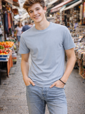 Round Neck Steel Grey Fine Cotton Lycra T-Shirt