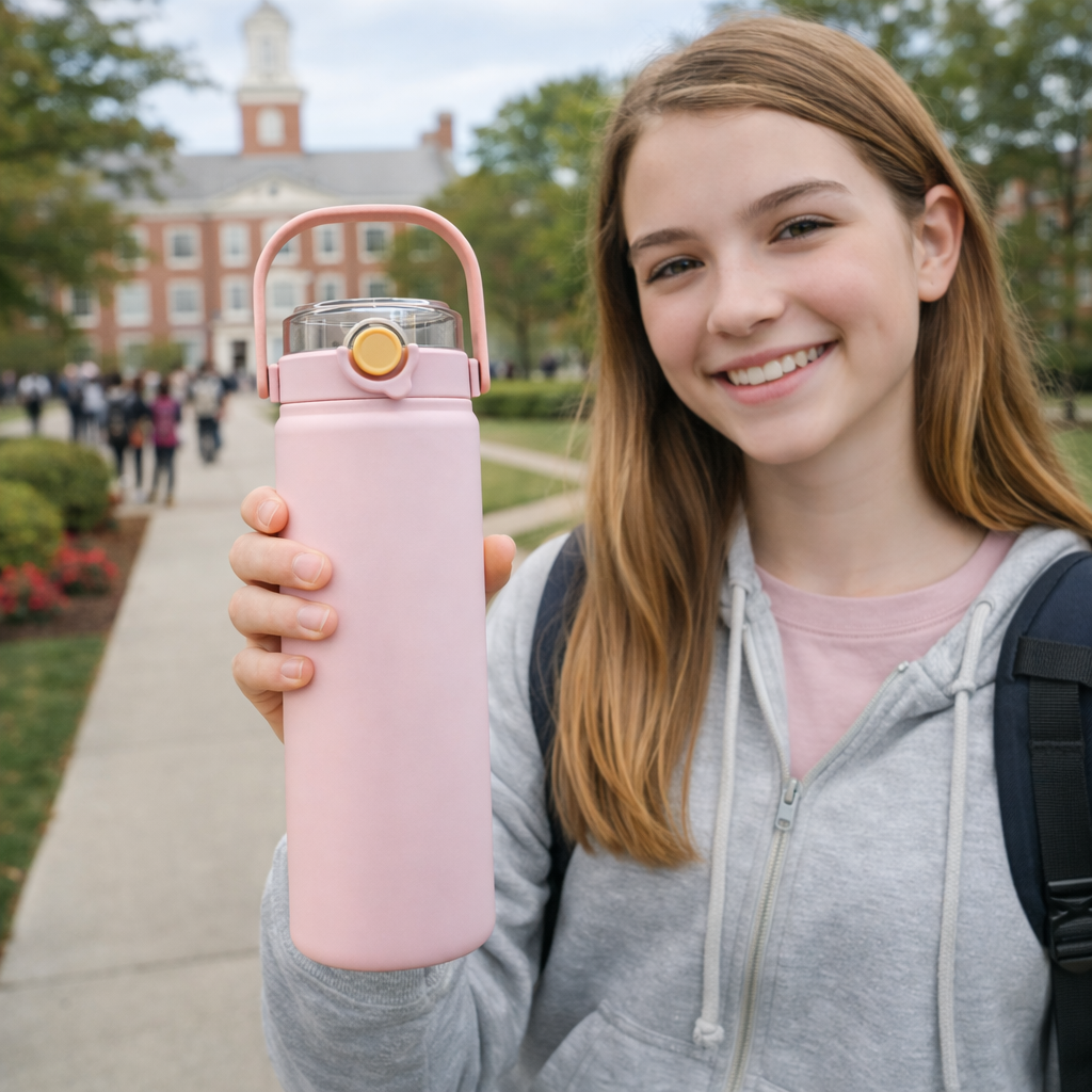 Premium Personalized Pink Stainless Steel Water Bottle 1 Litre with One-Touch Flip Lid