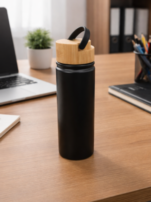 Hot n Cold Double Walled Steel Water Bottle in Black Color with Bamboo Wood Cap
