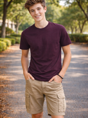 Round Neck Wine Color Superior Cotton Lycra T-Shirt