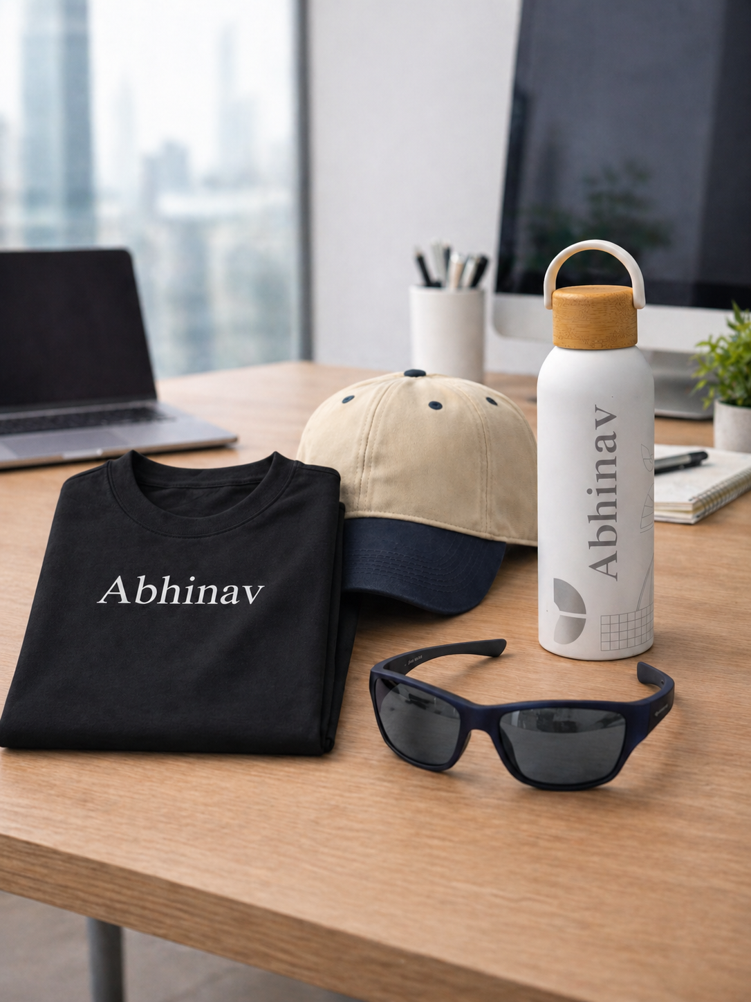 Set of Black R/n Cotton T-Shirt, Cap, Water Bottle & Sun Glass