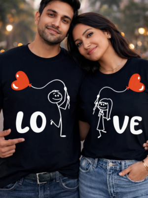 Black Color Love Printed Couple T-Shirts
