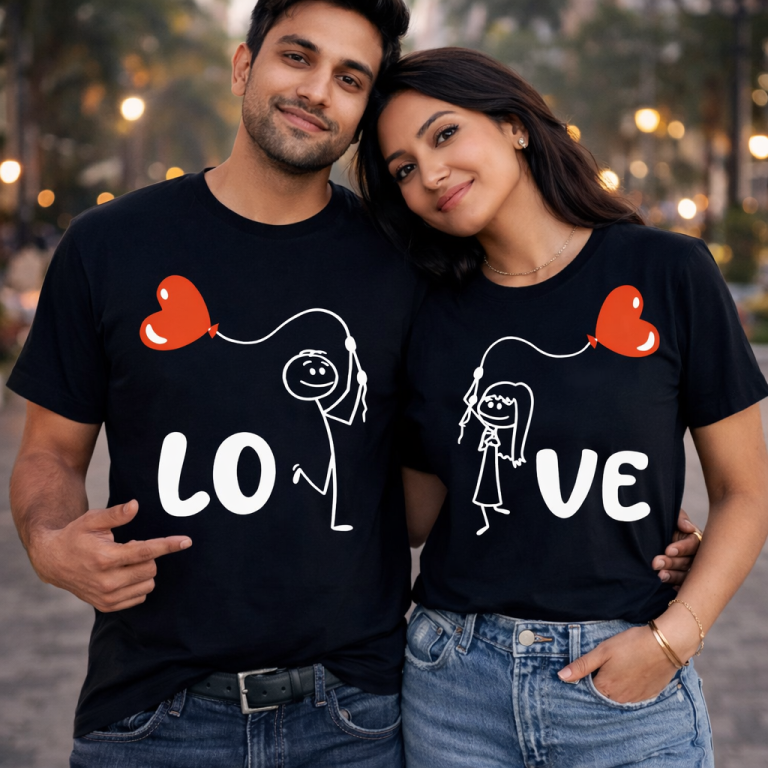 Black Color Love Printed Couple T-Shirts