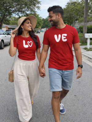 Red Color Love Print Cotton Lycra Couple T-Shirts