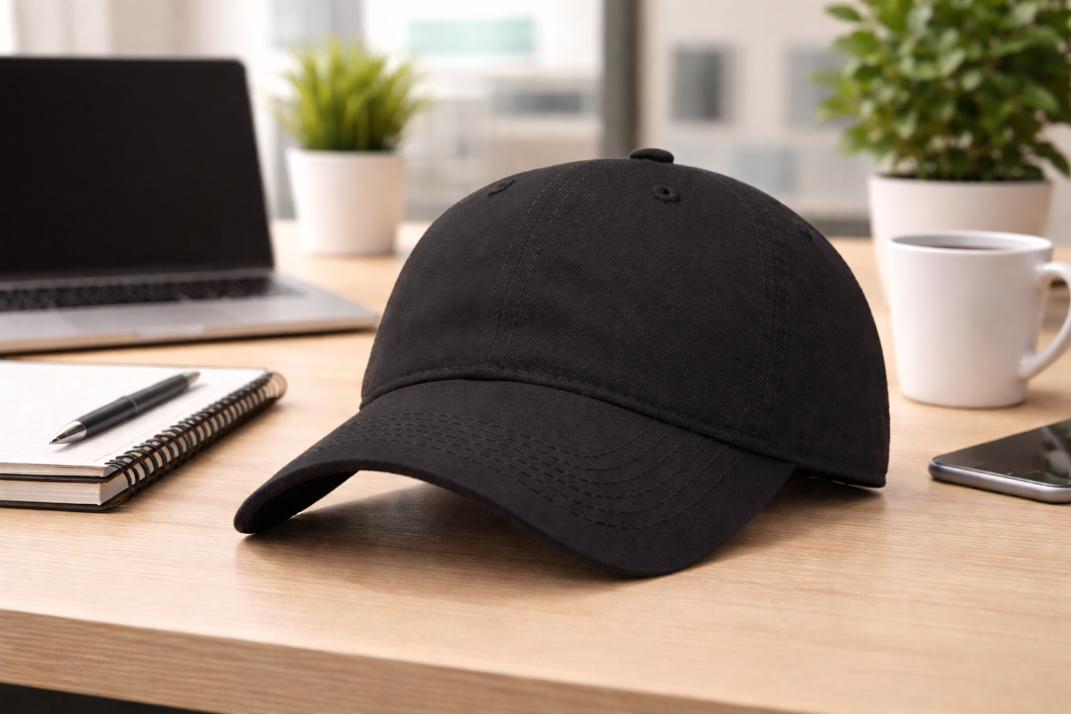 Black 100% Cotton Brushed fabric 6 Panel Premium Cap - Image 2