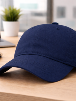 6 Panel Navy Blue Cap in 100% Cotton Fabric with Brushed Effect