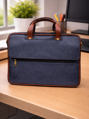 Blue Color Leather Multi Compartment Laptop Bag