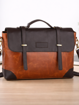 Laptop Bag in Brown color Buff Crunch leather Bag with with Tan Accents