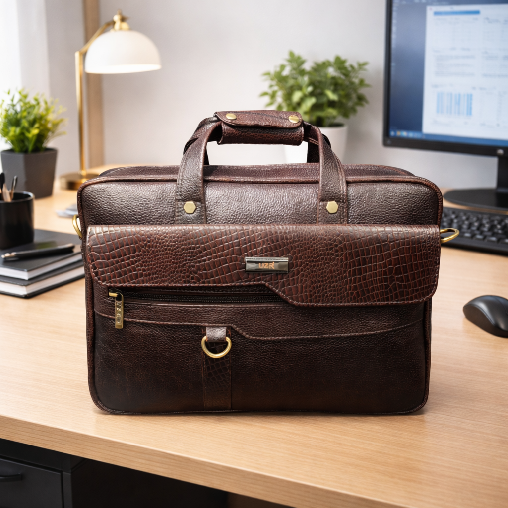 Premium Brown Leather Laptop Office Bag with Multiple Compartments