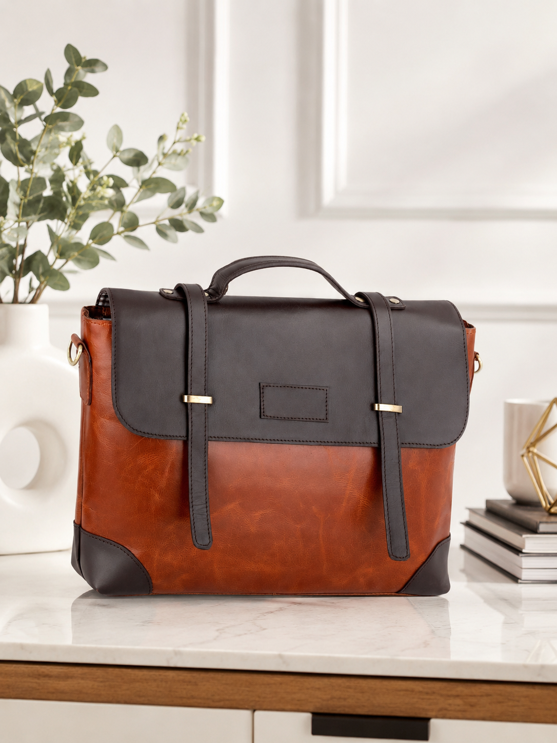 Premium Dual-Tone Leather Laptop Bag for Men and Women