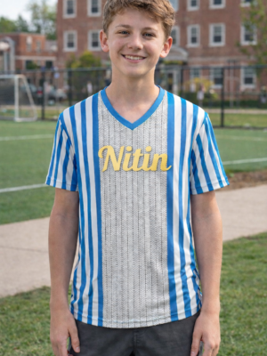 100% Polyester Dry Fit Sports T-Shirt in Blue & Grey Design , which can be Personalized By Name & Number