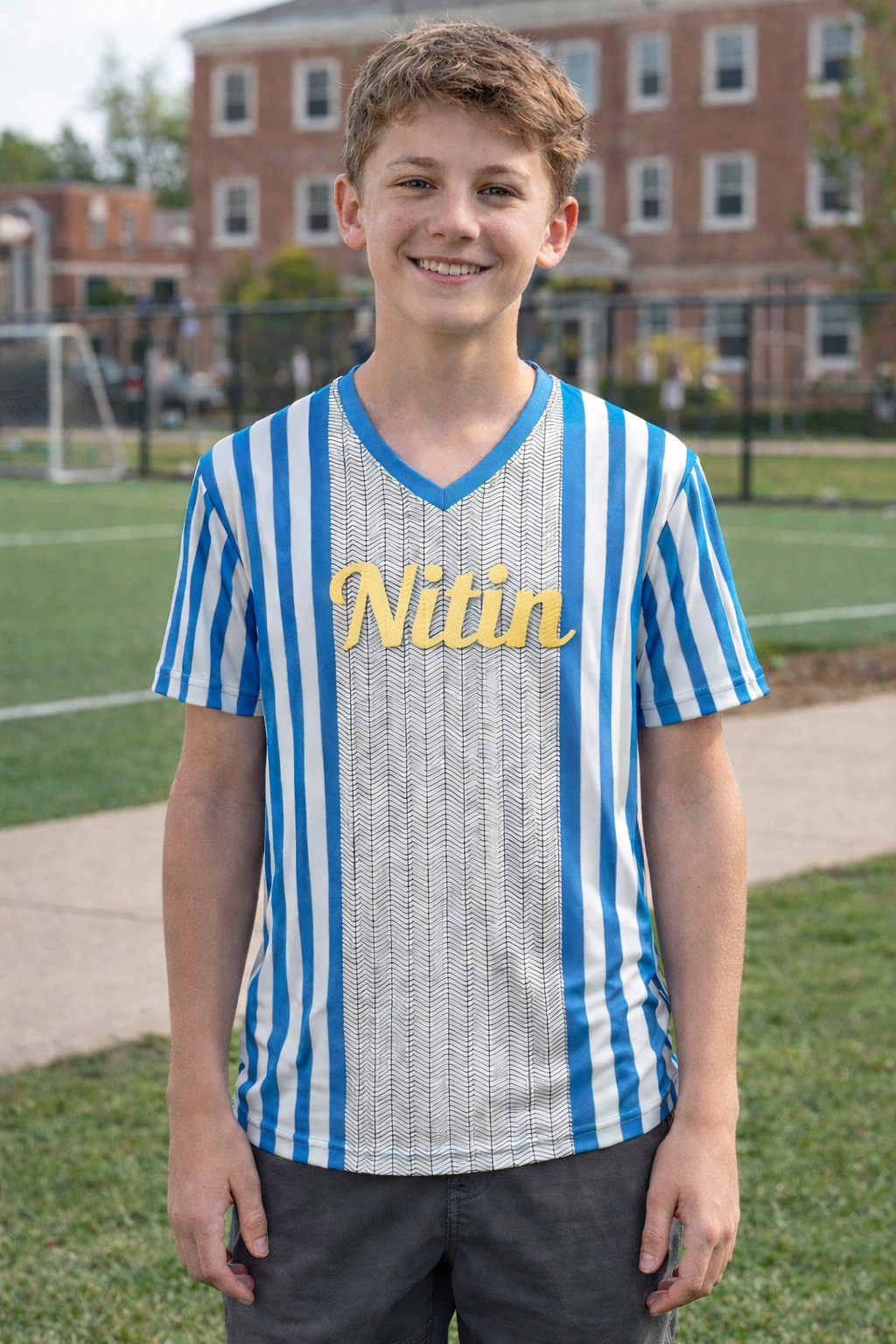 100% Polyester Dry Fit Sports T-Shirt in Blue & Grey Design , which can be Personalized By Name & Number