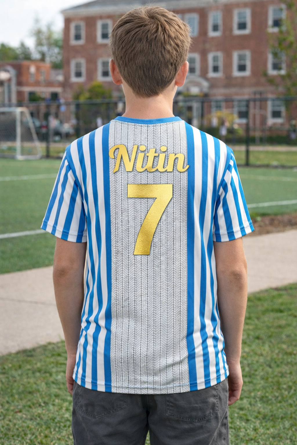 100% Polyester Dry Fit Sports T-Shirt in Blue & Grey Design , which can be Personalized By Name & Number - Image 2