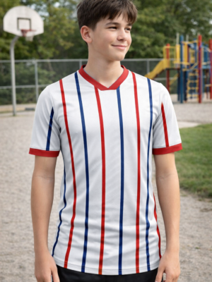 Full sublimation 100% Polyester Dry Fit Blue& Red Stripes on White base T-Shirt, Can be Personalized By Name & Number