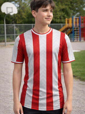 Red Stripes on light Grey Base T-Shirts in 100% Polyester Dry Fit Fabric & It can be Personalized by Name & Number
