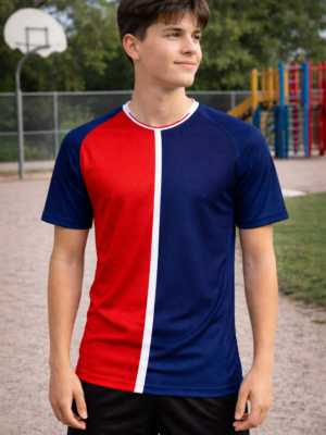 Blue & Red Pattern Round Neck Sports T-Shirt which can be Personalized by Name & Number