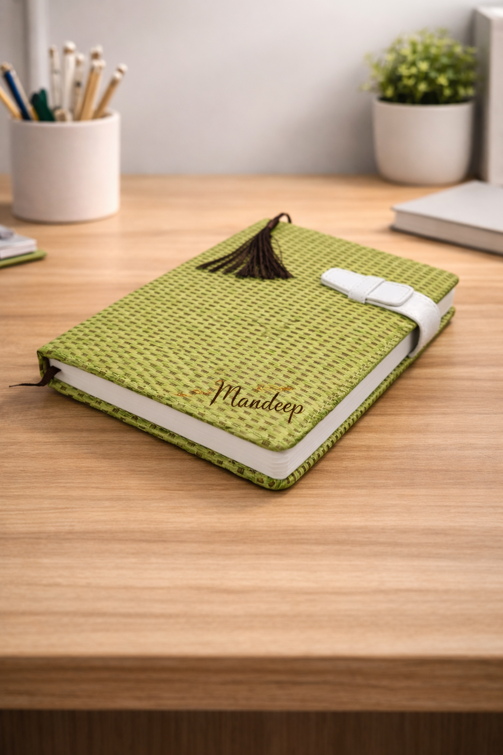 Personalized A5 Green Jute Notebook with Tassel and Strap Closure - Image 2