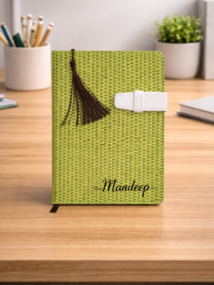Personalized A5 Green Jute Notebook with tassel bookmark and strap closure