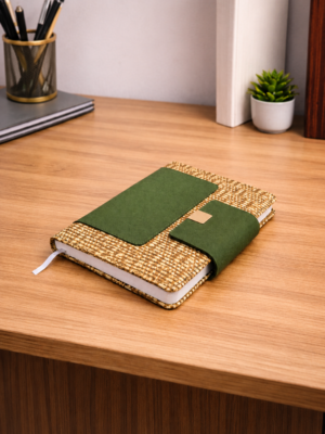 Personalized A5 Beige Jute Notebook with green flap closure and custom engraving