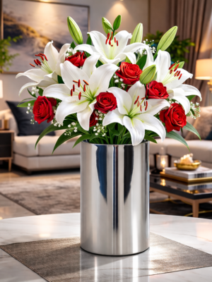 Luxury Red Rose & White Lily Arrangement in Premium Steel Vase | Fresh Flower Bouquet