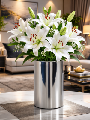 Premium White Oriental Lily Arrangement in Elegant Steel Vase | Luxury Fresh Flower Bouquet