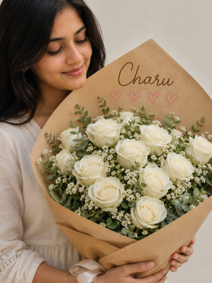 Personalized White Rose Bouquet with Baby's Breath & Kraft Paper Wrapping | Premium Fresh Flower Bouquet