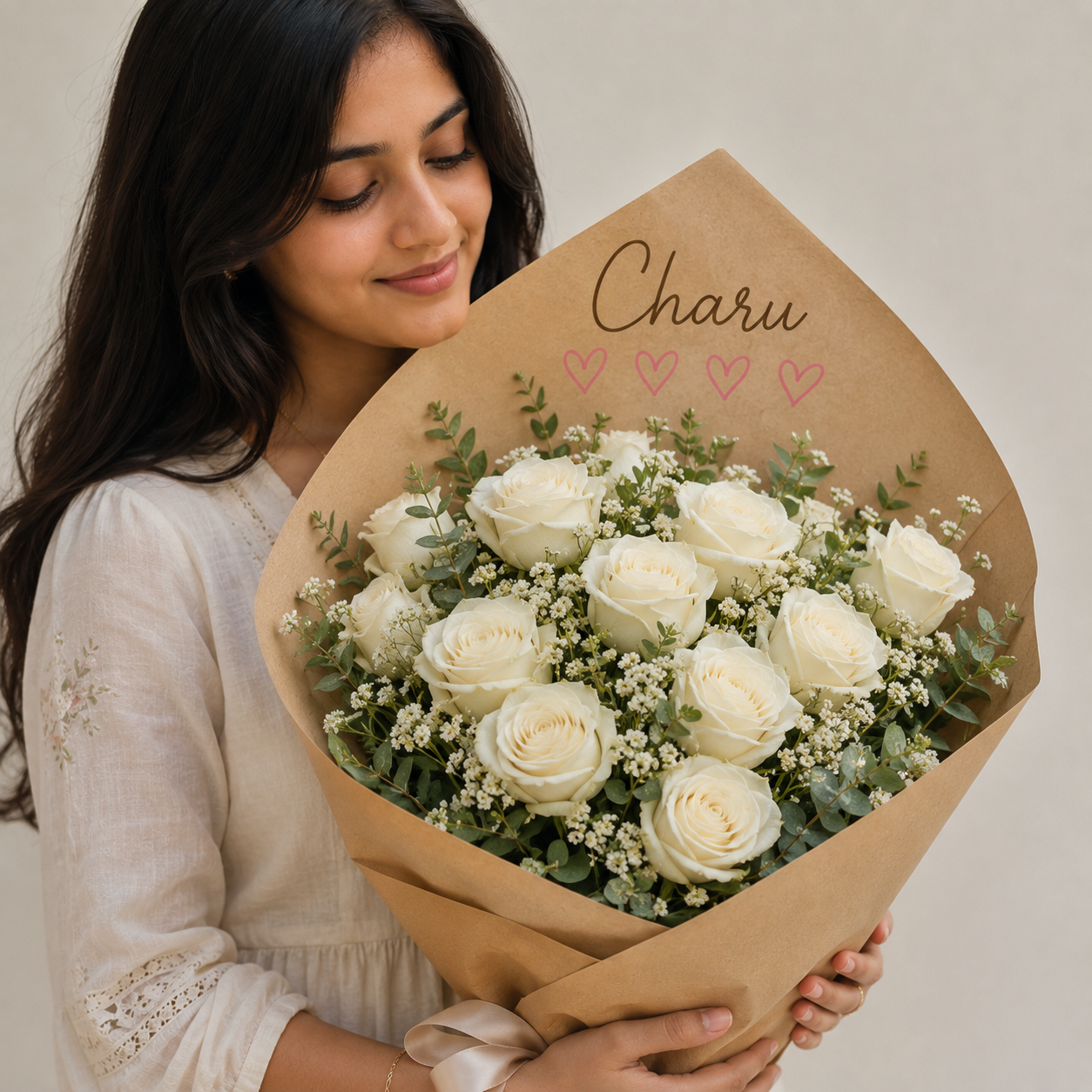 Personalized White Rose Bouquet with Baby's Breath & Kraft Paper Wrapping | Premium Fresh Flower Bouquet