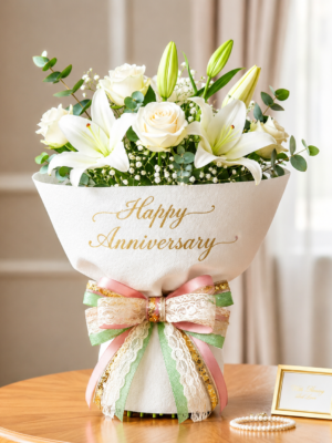 Premium White Lily & White Rose Anniversary Flower Bouquet | Fresh Floral Gift