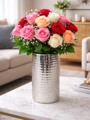 Premium Mixed Rose Arrangement in Hammered Silver Metal Vase | Luxury Fresh Flower Gift