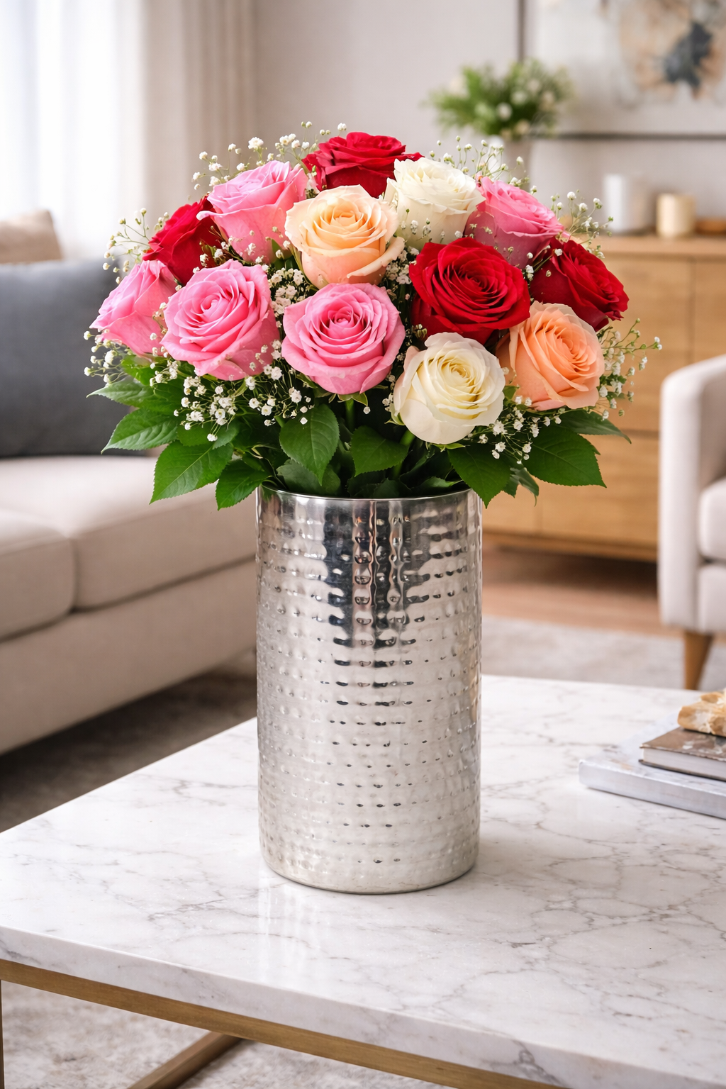 Premium Mixed Rose Arrangement in Hammered Silver Metal Vase | Luxury Fresh Flower Gift