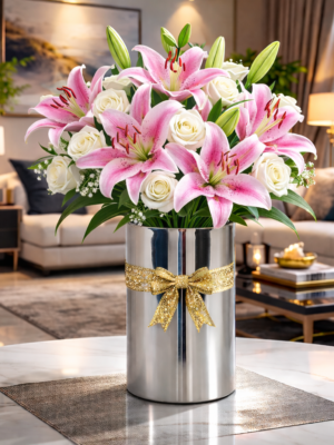 Premium Pink Lily & White Rose Arrangement in Stainless Steel Vase | Luxury Fresh Flower Bouquet