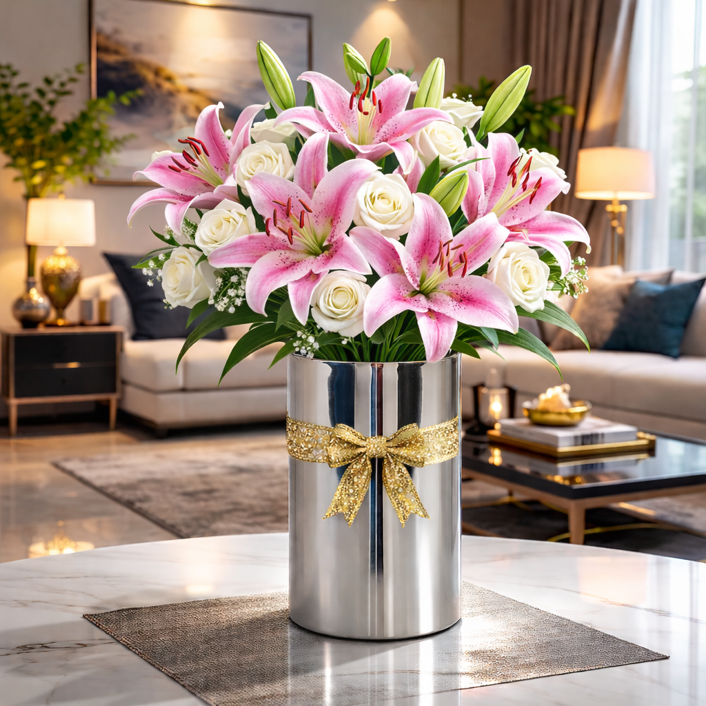 Premium Pink Lily & White Rose Arrangement in Stainless Steel Vase | Luxury Fresh Flower Bouquet