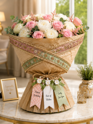 Luxury Pink Rose & White Floral Bouquet with Designer Kraft Wrap | Premium Fresh Flower Bouquet