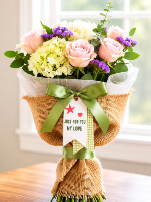 Premium Pink Rose & White Hydrangea Bouquet with Rustic Jute Wrap | Fresh Flower Bouquet