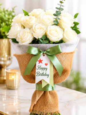Premium White Rose Birthday Bouquet with Personalized Tag | Elegant Fresh Flower Bouquet