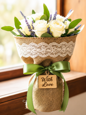Rustic White Rose Bouquet with Lavender & Green Ribbon | Premium Fresh Flower Bouquet