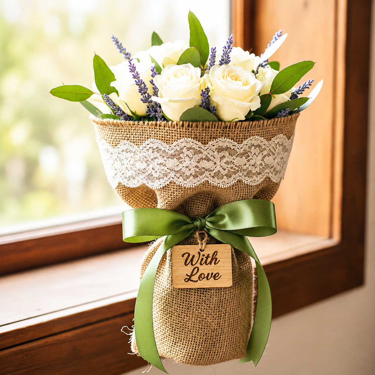 Rustic White Rose Bouquet with Lavender & Green Ribbon | Premium Fresh Flower Bouquet