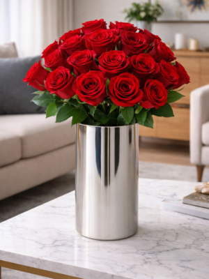 Luxury Red Rose Arrangement in Stainless Steel Vase | Premium Fresh Red Roses Gift