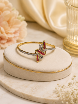 Luxury Gold-Tone Ruby Pink Crystal Designer Open Cuff Bracelet for Women