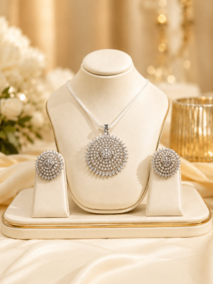 Elegant Silver-Tone Circular Designer Pendant & Stud Earring Set
