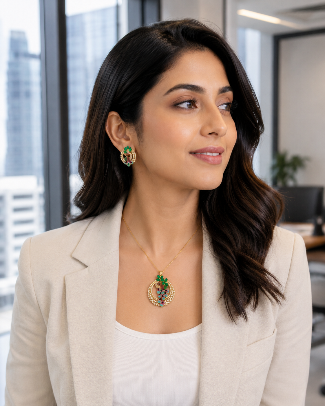 Elegant Gold-Tone Peacock Designer Pendant & Matching Earrings Set with Green and Pink Stone Accents - Image 3