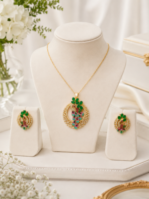 Elegant Gold-Tone Peacock Designer Pendant & Matching Earrings Set with Green and Pink Stone Accents