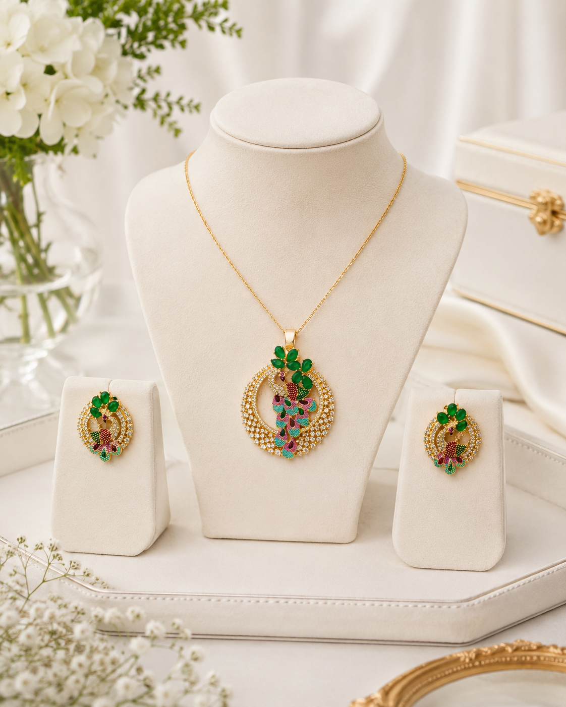 Elegant Gold-Tone Peacock Designer Pendant & Matching Earrings Set with Green and Pink Stone Accents