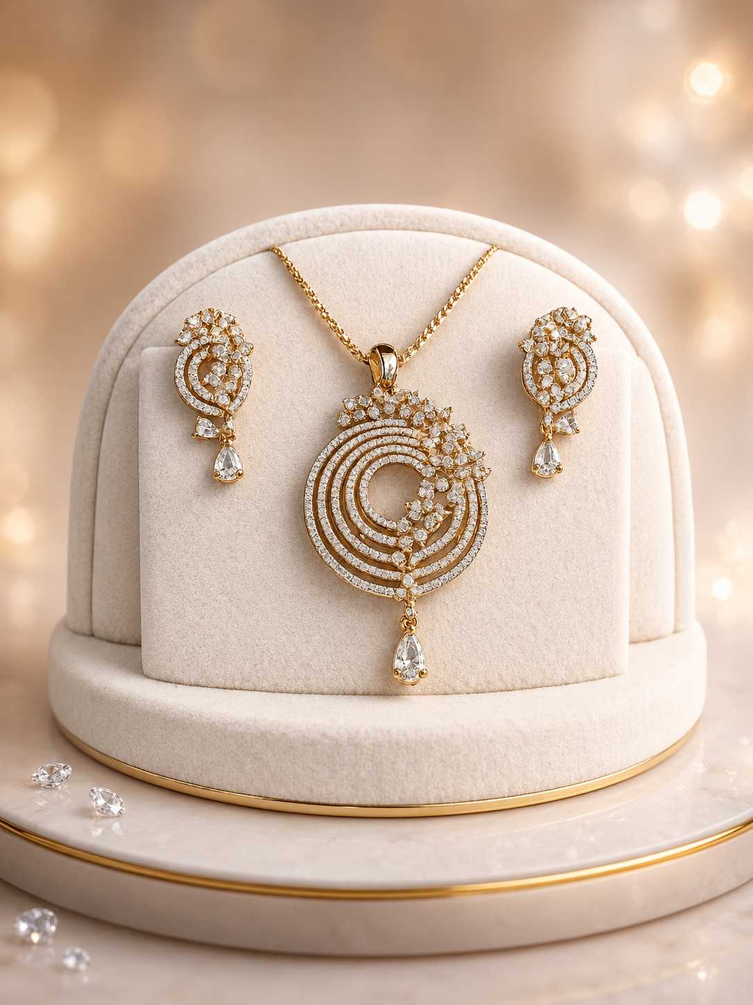 Luxury Gold-Tone Circular Crystal Pendant & Earrings Set with Teardrop Accents