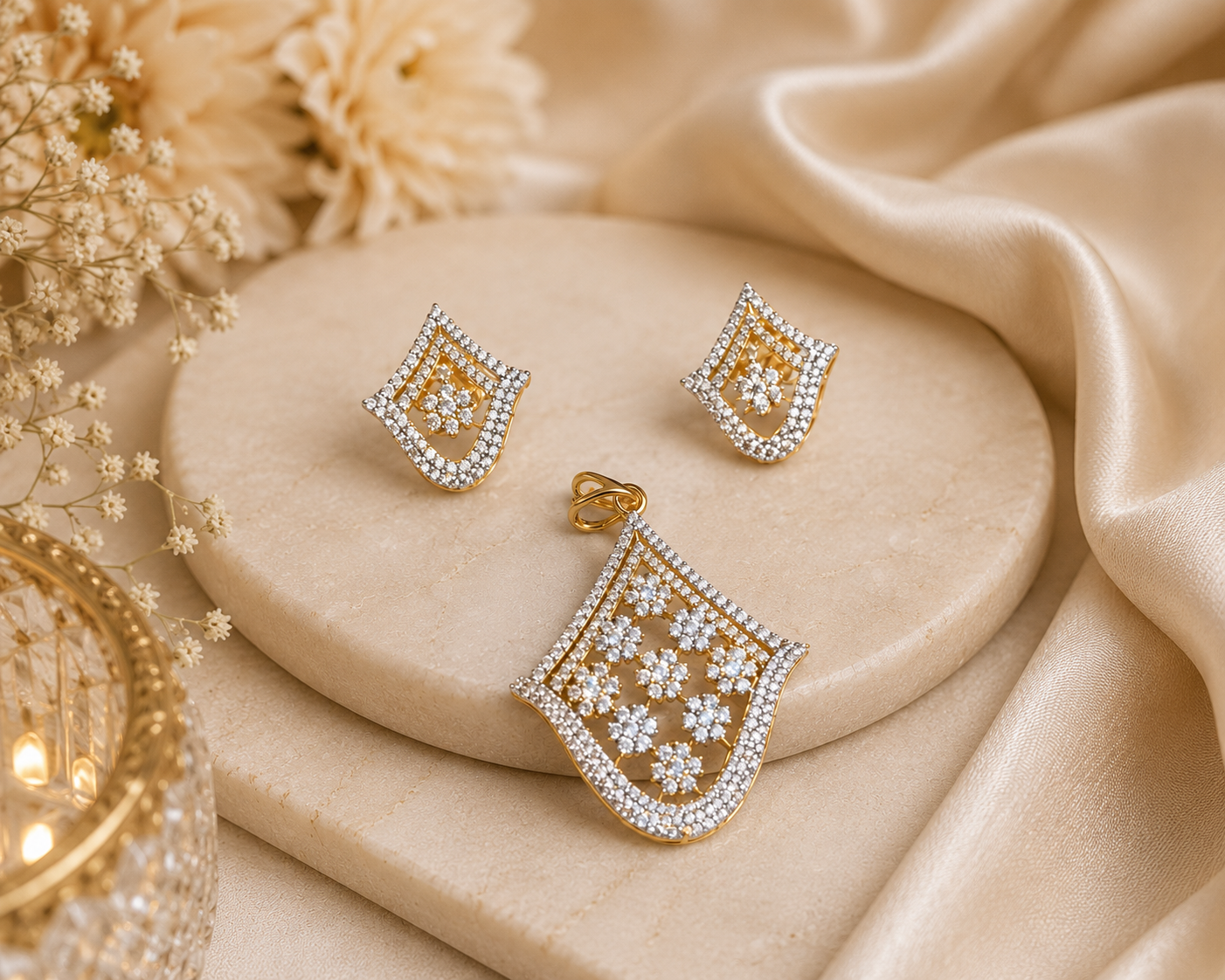 Elegant Gold-Tone Floral Crystal Pendant & Stud Earrings Set - Image 2