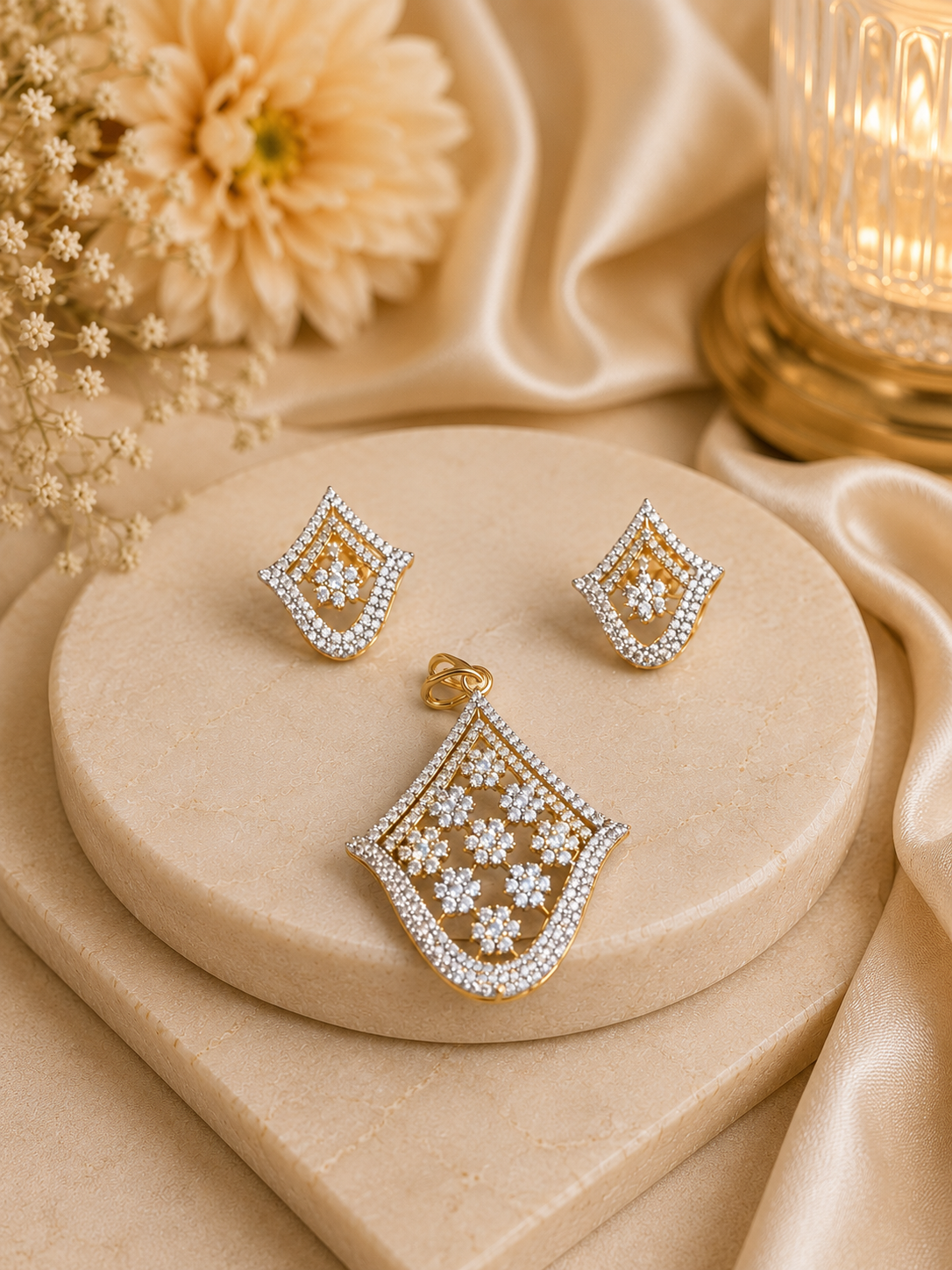 Elegant Gold-Tone Floral Crystal Pendant & Stud Earrings Set